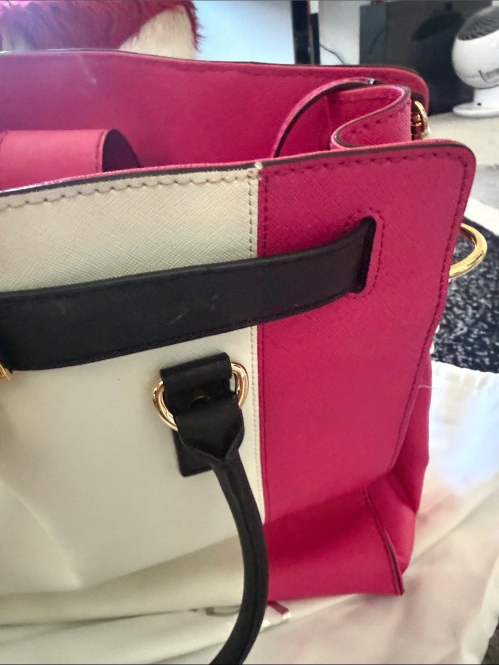 Michael Kors Pink, White & Black Leather Satchel with Gold Hardware !!